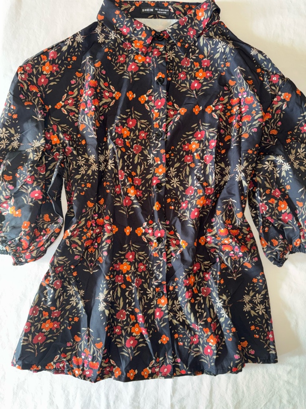 SHEIN Floral Button-Up Blouse Black W/ Red & Orange 3/4 Sleeve Floral L